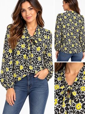 The Kooples Yellow and Black Floral Tie-Neck Blouse size 1 US/S